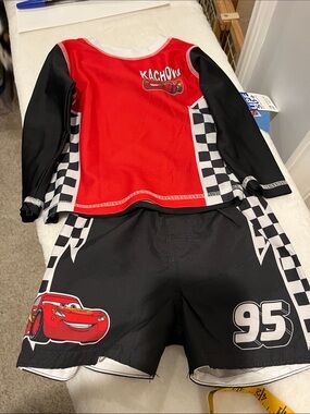 Disney Red Black Lightning McQueen Rash Guard Two-Piece Swim Set